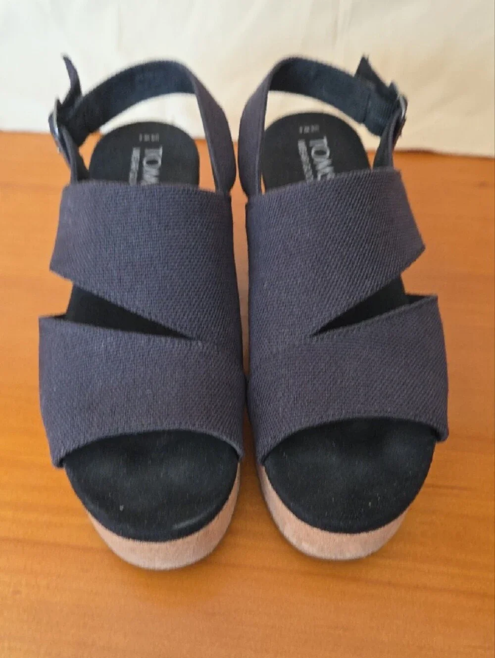 Toms Navy Crisscross Fabric Cork Wedges